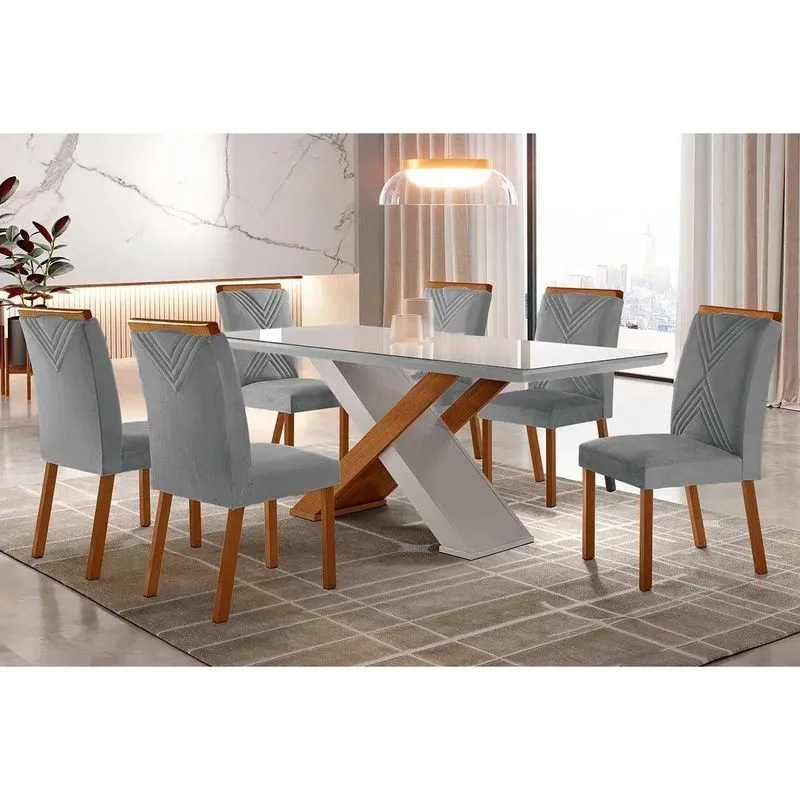 Conjunto: Mesa De Cozinha Imperatriz Tampo Madeirado C/ Vidro Reto 180x90 E 6 Cadeiras Amsterdã Imbuia/off White - Suede Grafite - Rufato