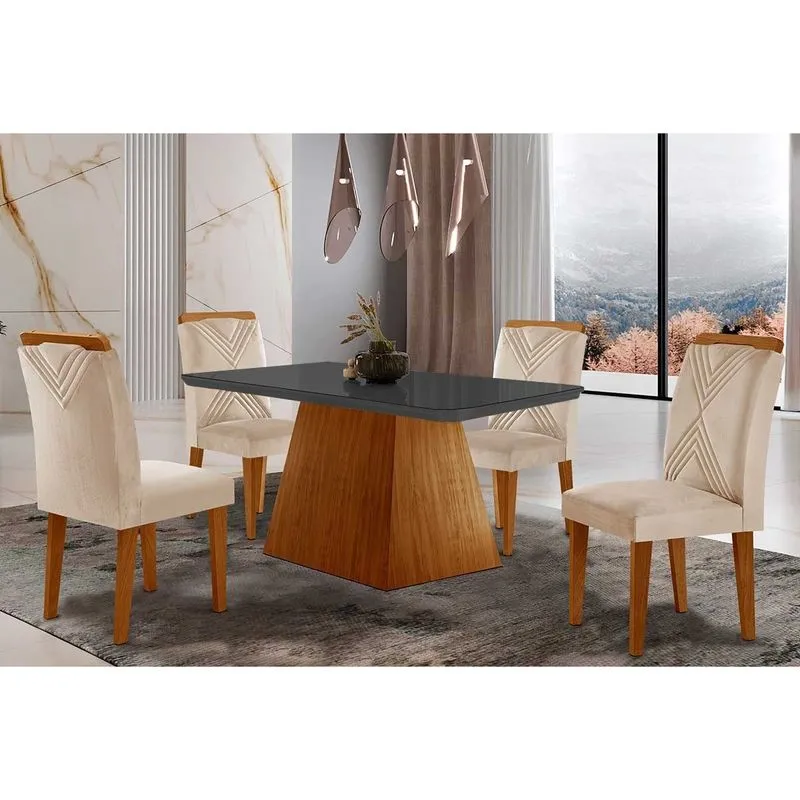 Kit 4 Cadeiras de Cozinha Luna Tampo Madeirado c/ Vidro Canto Curvo 120x80 e 4 Cadeiras Amsterdã Imbuia/Suede Creme - Rufato