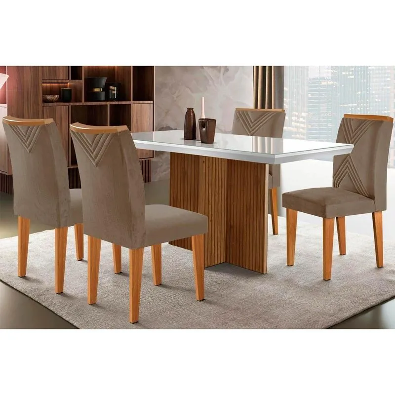 Conjunto: Mesa De Cozinha Berlim C/ Tampo Madeirado C/ Vidro Canto Curvo 120x80cm E 4 Cadeiras Amsterdã Imbuia/off White - Suede Capuccino - Rufato