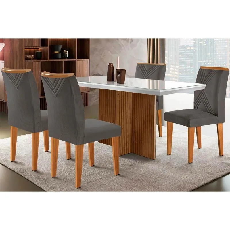 Conjunto: Mesa De Cozinha Berlim C/ Tampo Madeirado C/ Vidro Canto Curvo 120x80cm E 4 Cadeiras Amsterdã Imbuia/off White - Suede Grafite - Rufato