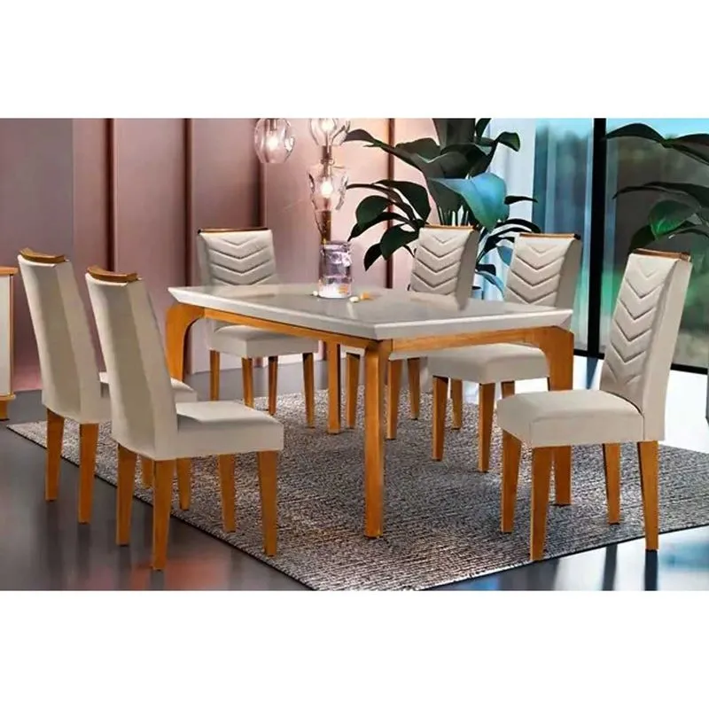 Conjunto: Mesa de Cozinha Londrina c/ Tampo Madeirado Canto Reto 180x90cm e 6 cadeiras Londrina Imbuia-Capuccino/Suede Creme - Rufato