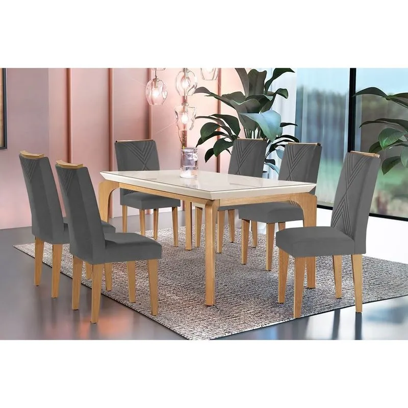 Conjunto: Mesa de Cozinha Londrina c/ Tampo Madeirado c/ Vidro Canto Curvo 180x90cm e 6 cadeiras Amsterdã Imbuia/Off White - Suede Grafite - Rufato