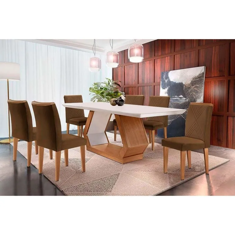 Conjunto: Mesa de Cozinha Alvorada c/ Tampo Madeirado Canto Reto 180x90cm e 6 Cadeiras Amsterdã Imbuia/Off White - Suede Marrom - Rufato