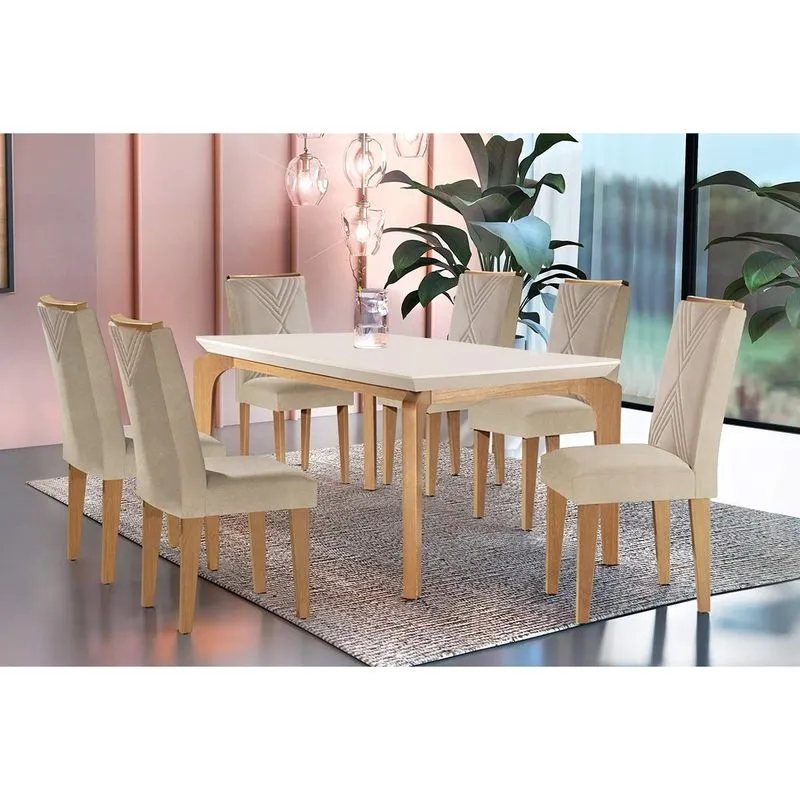 Conjunto: Mesa de Cozinha Londrina c/ Tampo Madeirado Canto Reto 180x90cm e 6 cadeiras Amsterdã Imbuia-Capuccino/Suede Creme - Rufato