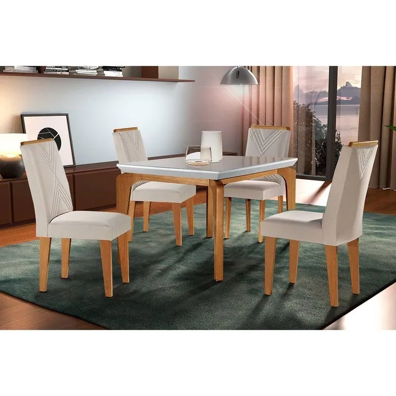 Conjunto: Mesa De Cozinha Londrina C/ Tampo Madeirado C/ Vidro Canto Curvo 120x80cm E 4 Cadeiras Amsterdã Imbuia/off White - Suede Creme - Rufato