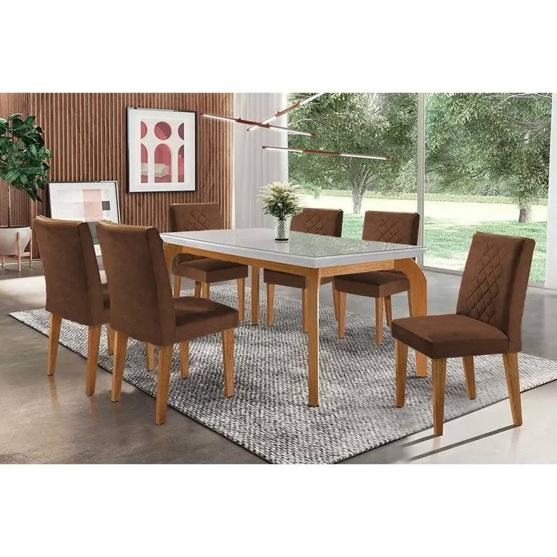 Conjunto: Mesa de Cozinha Londrina c/ Tampo Madeirado c/ Vidro Canto Curvo 180x90cm e 6 cadeiras Jade Imbuia/Off White - Suede Marrom - Rufato