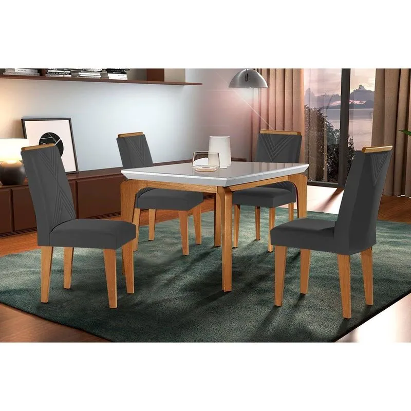 Conjunto: Mesa De Cozinha Londrina C/ Tampo Madeirado C/ Vidro Canto Reto 120x80cm E 4 Cadeiras Amsterdã Imbuia/off White - Suede Grafite - Rufato
