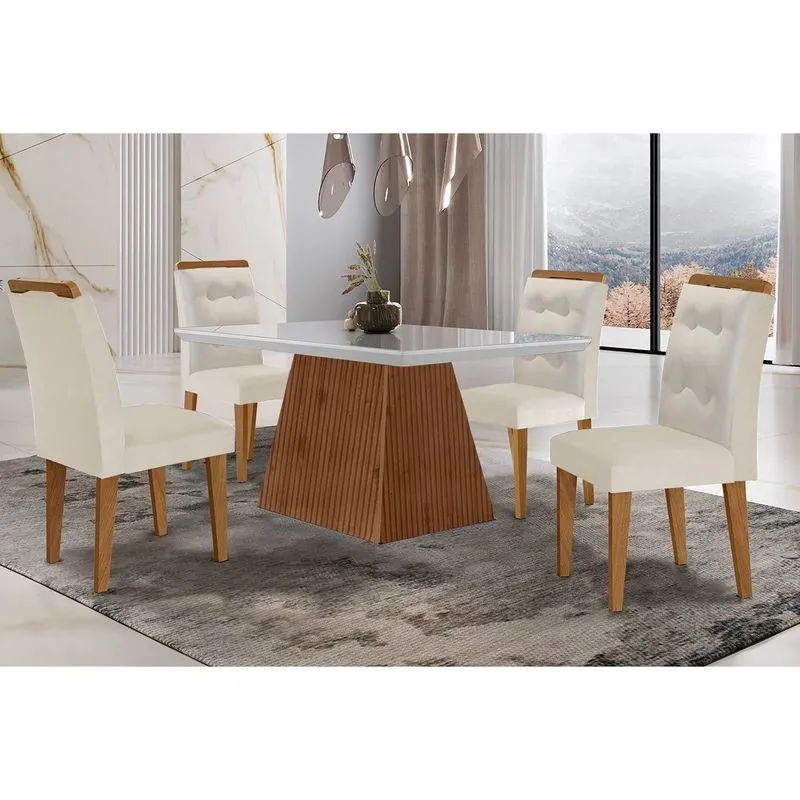 Conjunto: Mesa de Cozinha Luna c/ Tampo Madeirado c/ Vidro Canto Curvo 120x80cm e 4 cadeiras Imperatriz Imbuia/Off White - Suede Creme - Rufato