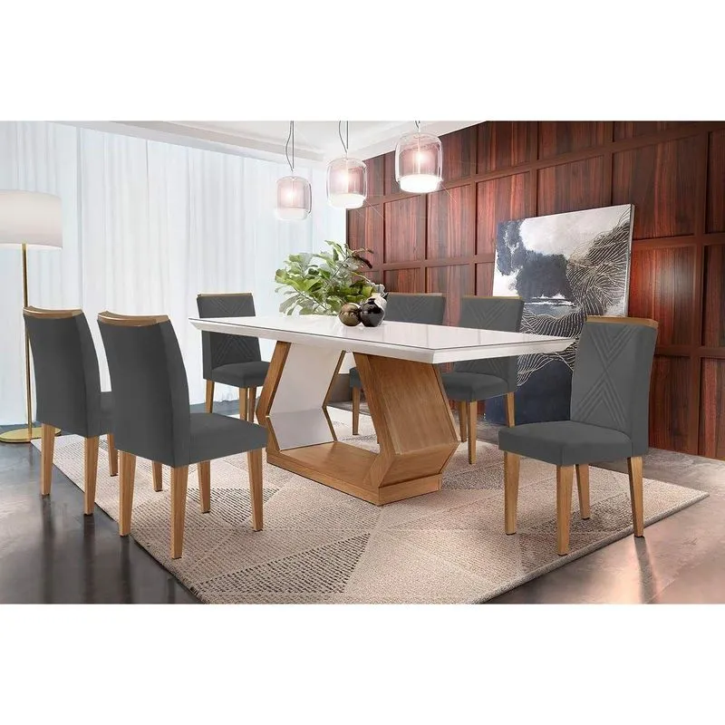 Conjunto: Mesa De Cozinha Alvorada Tampo Madeirado C/ Vidro Canto Reto 180x90cm E 6 Cadeiras Amsterdã Imbuia/off White - Linho Grafite - Rufato