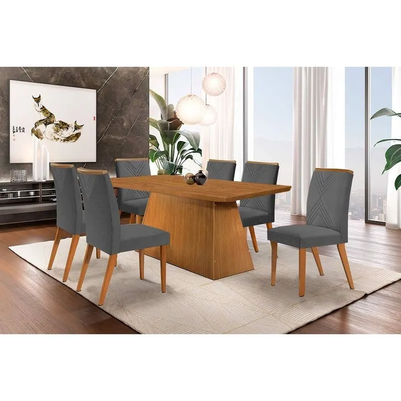 Conjunto: Mesa de Cozinha Luna c/ Tampo Madeirado Canto Curvo 180x90cm e 6 cadeiras Amsterdã Imbuia/Linho Grafite - Rufato