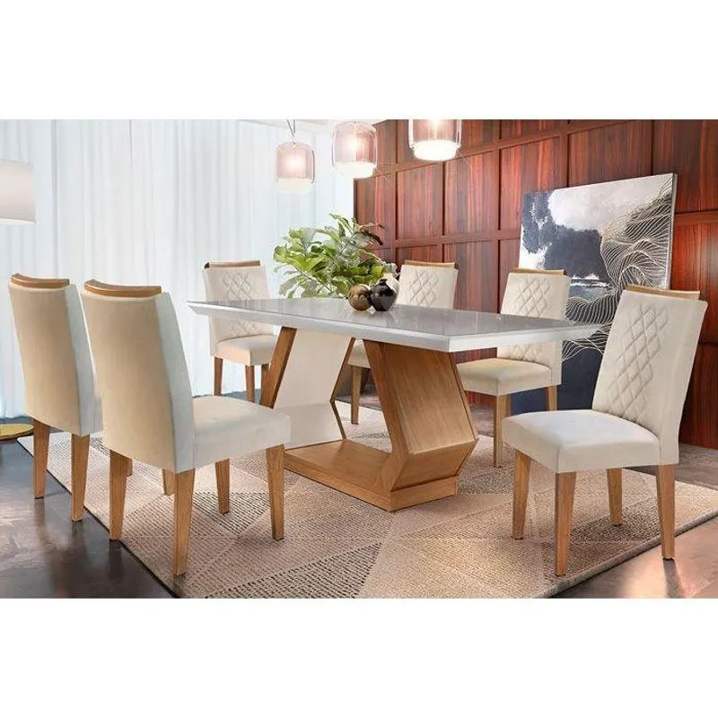 Conjunto: Mesa De Cozinha Alvorada C/ Tampo Madeirado Canto Reto 180x90cm E 6 Cadeiras Jade Imbuia/off White - Linho Turim - Rufato