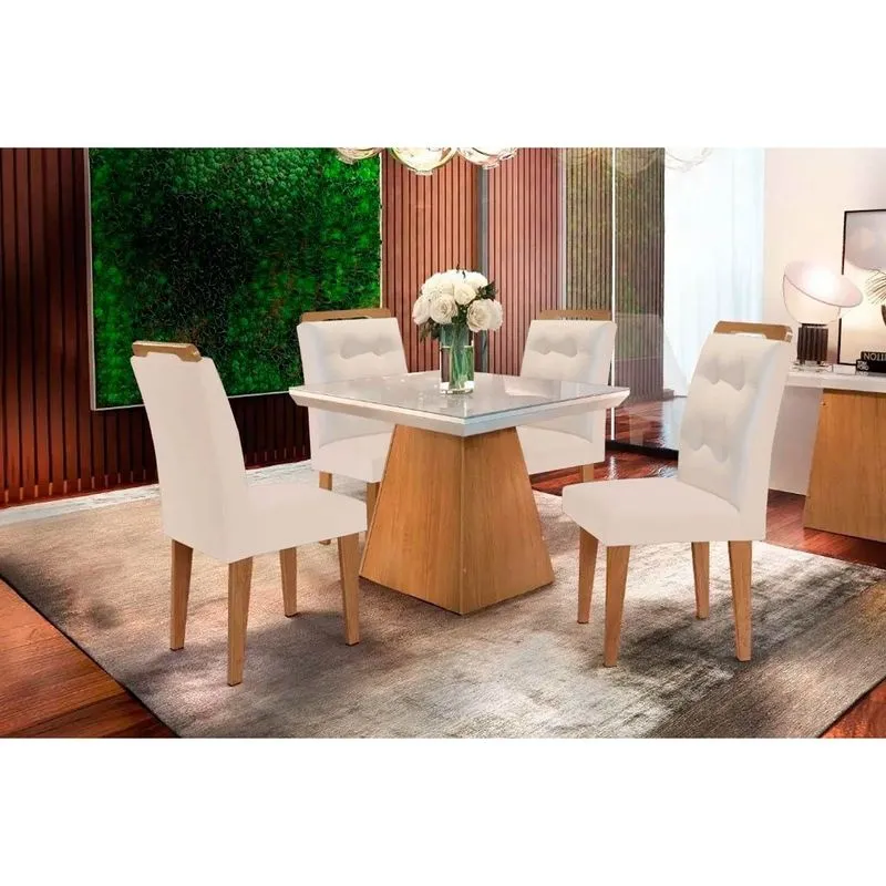 Conjunto: Mesa de Cozinha Luna c/ Tampo Madeirado c/ Vidro Canto Curvo 90x90cm e 4 cadeiras Imperatriz Imbuia/Off White - Suede Creme - Rufato