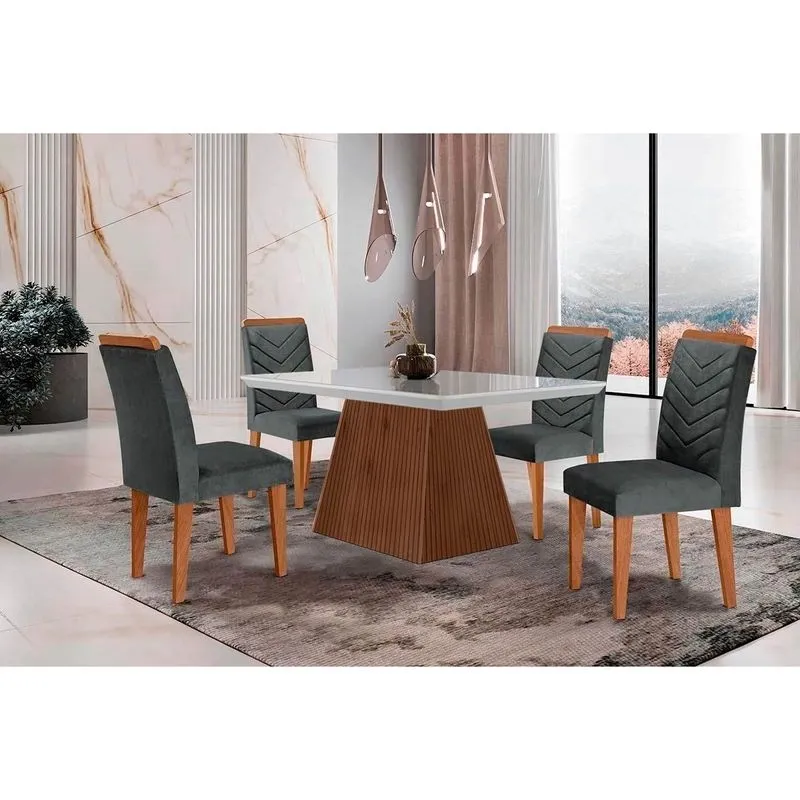 Conjunto: Mesa de Cozinha Luna c/ Tampo Madeirado c/ Vidro Canto Curvo 120x80cm e 4 cadeiras Londrina Imbuia/Off White - Suede Grafite - Rufato