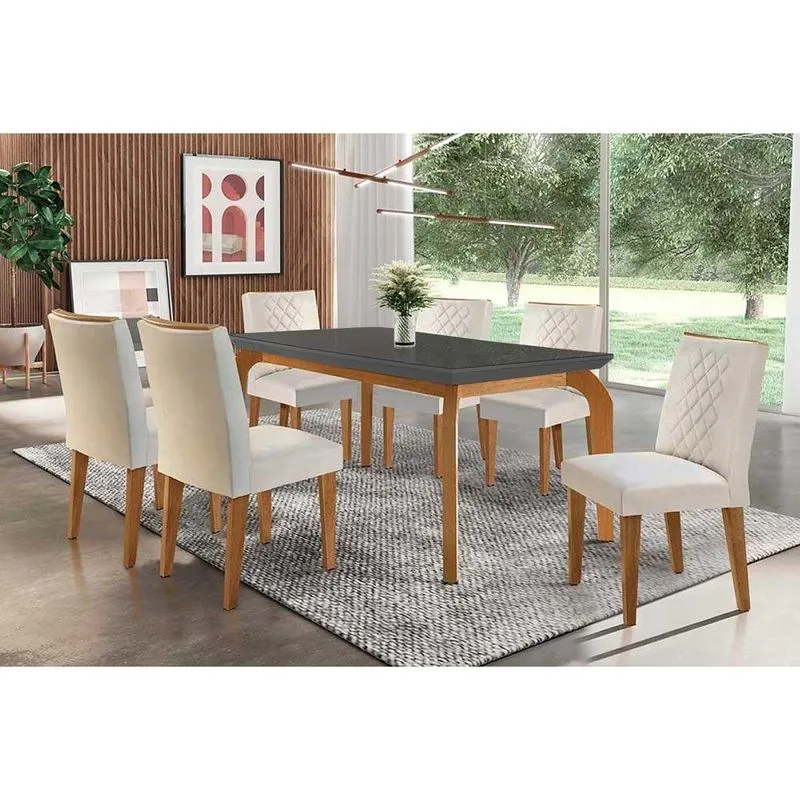 Conjunto: Mesa De Cozinha Londrina C/ Tampo Madeirado C/ Vidro Canto Curvo 180x90cm E 6 Cadeiras Jade Imbuia/grafite - Suede Creme - Rufato