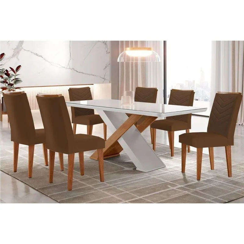 Conjunto: Mesa De Cozinha Imperatriz Tampo Madeirado C/ Vidro Canto Curvo 180x90 E 6 Cadeiras Londrina Imbuia/off White - Suede Marrom - Rufato
