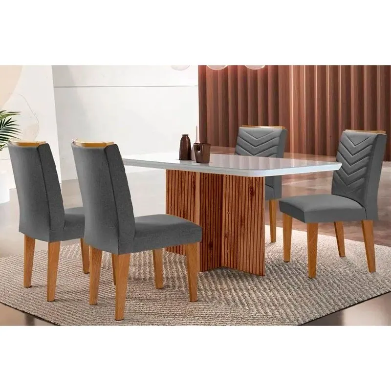 Conjunto: Mesa De Cozinha Berlim C/ Tampo Madeirado C/ Vidro Canto Curvo 120x80cm E 4 Cadeiras Londrina Imbuia/off White - Linho Grafite - Rufato