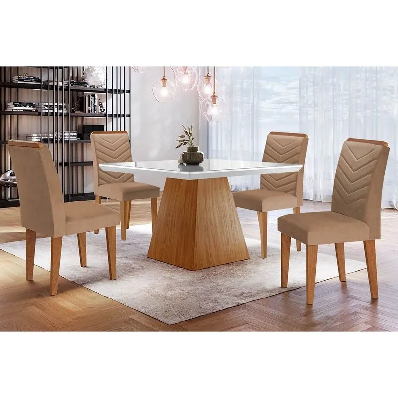 Conjunto: Mesa de Cozinha Luna c/ Tampo Madeirado c/ Vidro Canto Curvo 90x90cm e 4 cadeiras Londrina Imbuia/Off White - Suede Capuccino - Rufato