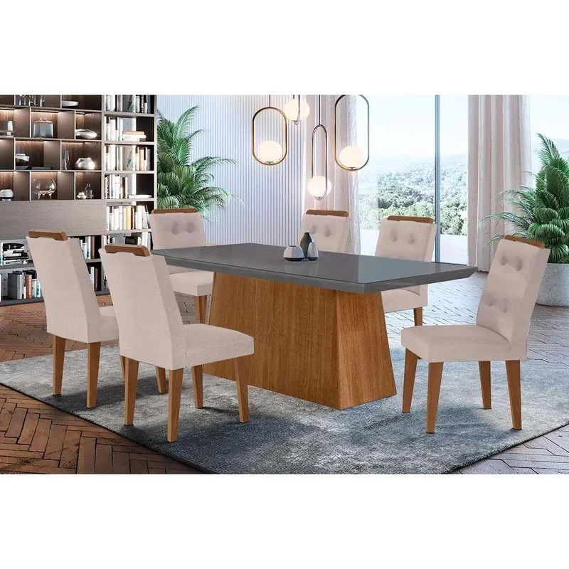 Conjunto: Mesa De Cozinha Luna C/ Tampo De Vidro Canto Curvo 180x90cm E 6 Cadeiras Imperatriz Imbuia/grafite - Suede Creme - Rufato