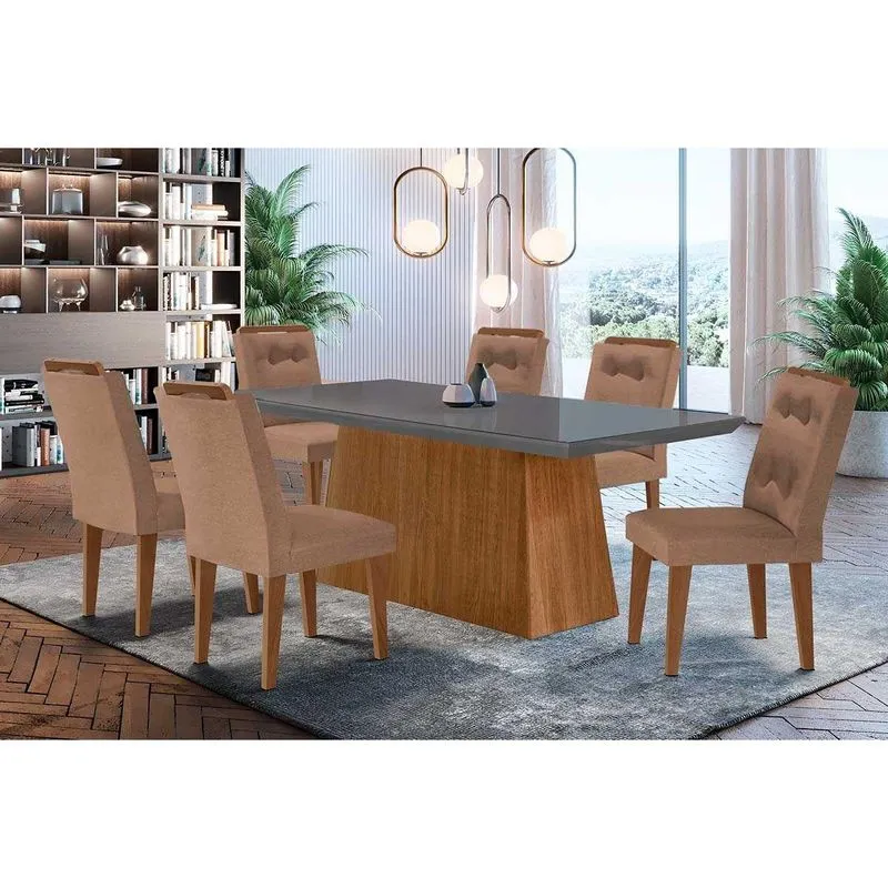 Conjunto: Mesa De Cozinha Luna C/ Tampo De Vidro Canto Curvo 180x90cm E 6 Cadeiras Imperatriz Imbuia/grafite - Suede Capuccino - Rufato