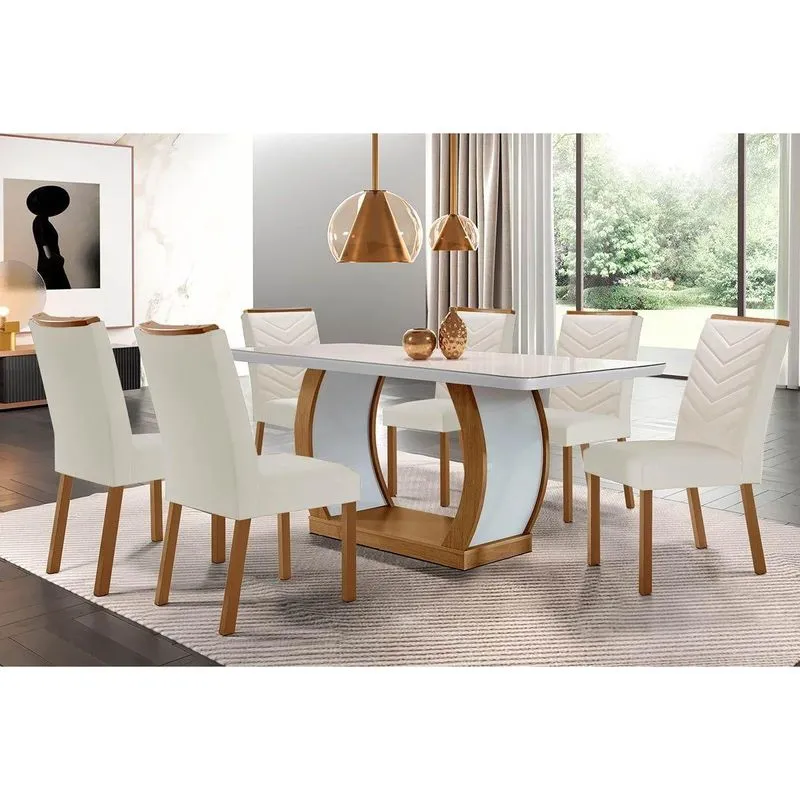 Conjunto: Mesa De Cozinha Jade Tampo Madeirado C/ Vidro Canto Curvo 180x90 E 6 Cadeiras Londrina Imbuia/off White - Suede Creme - Rufato