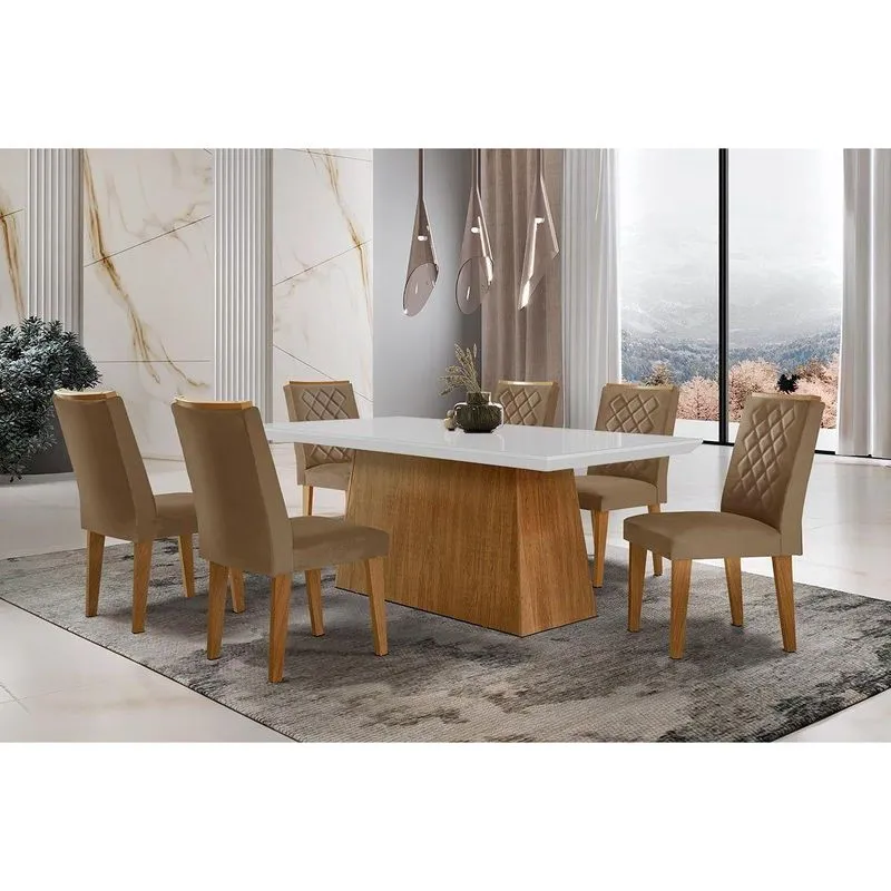 Conjunto: Mesa De Cozinha Luna C/ Tampo De Vidro Canto Curvo 180x90cm E 6 Cadeiras Jade Imbuia/off White - Suede Capuccino - Rufato