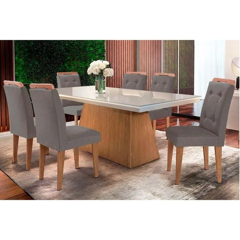 Conjunto: Mesa De Cozinha Luna C/ Tampo De Vidro Canto Curvo 180x90cm E 6 Cadeiras Imperatriz Imbuia/off White - Suede Grafite - Rufato