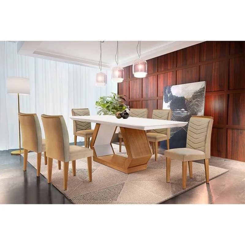 Conjunto: Mesa De Cozinha Alvorada C/ Tampo Madeirado Canto Reto 180x90cm E 6 Cadeiras Londrina Imbuia/off White - Linho Turim - Rufato