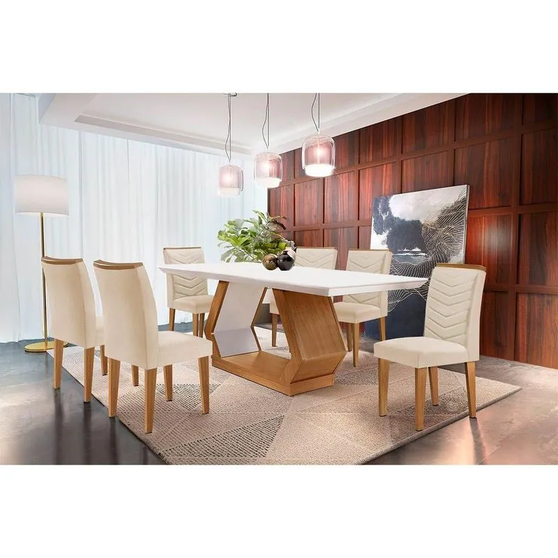 Conjunto: Mesa De Cozinha Alvorada C/ Tampo Madeirado Canto Reto 180x90cm E 6 Cadeiras Londrina Imbuia/off White - Suede Creme - Rufato