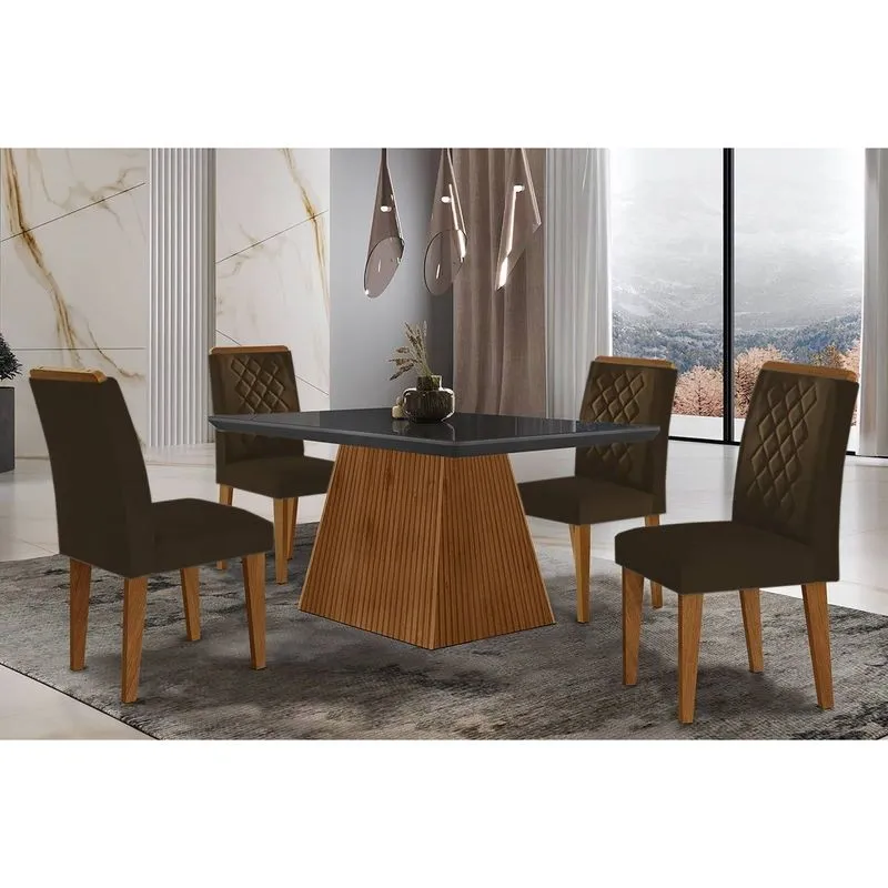 Conjunto: Mesa de Cozinha Luna c/ Tampo Madeirado c/ Vidro Canto Curvo 120x80cm e 4 cadeiras Jade Imbuia/Grafite - Suede Marrom - Rufato