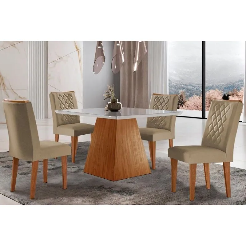 Conjunto: Mesa de Cozinha Luna c/ Tampo Madeirado c/ Vidro Canto Curvo 90x90cm e 4 cadeiras Jade Imbuia/Off White - Suede Capuccino - Rufato