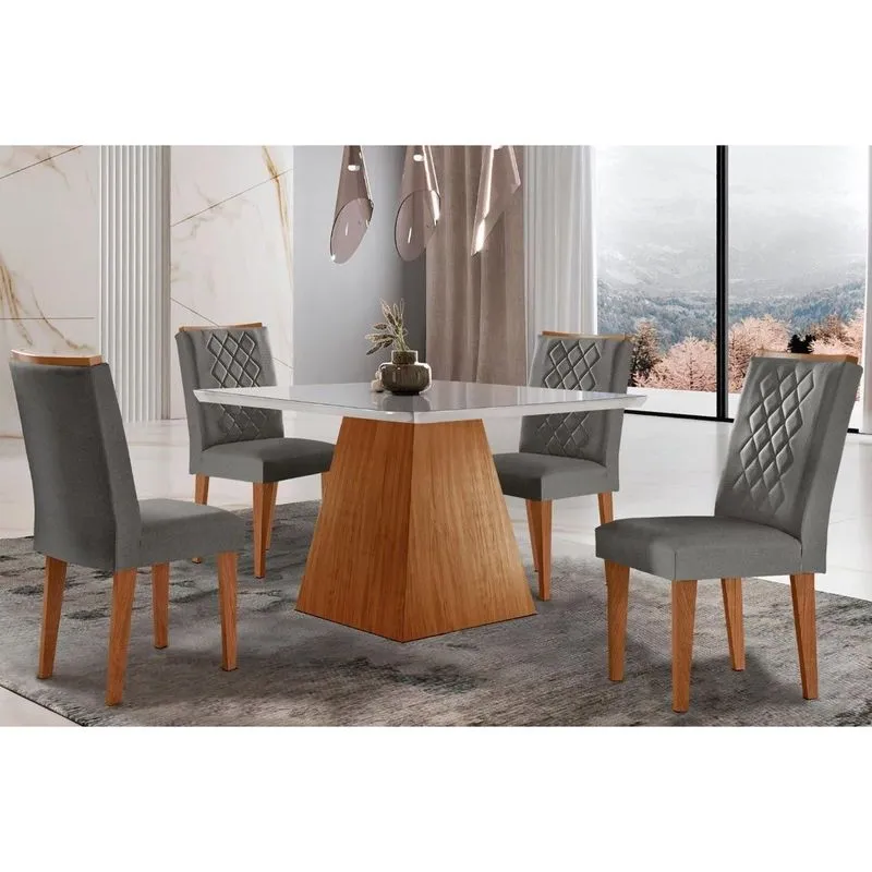 Conjunto: Mesa de Cozinha Luna c/ Tampo Madeirado c/ Vidro Canto Curvo 90x90cm e 4 cadeiras Jade Imbuia/Off White - Suede Grafite - Rufato