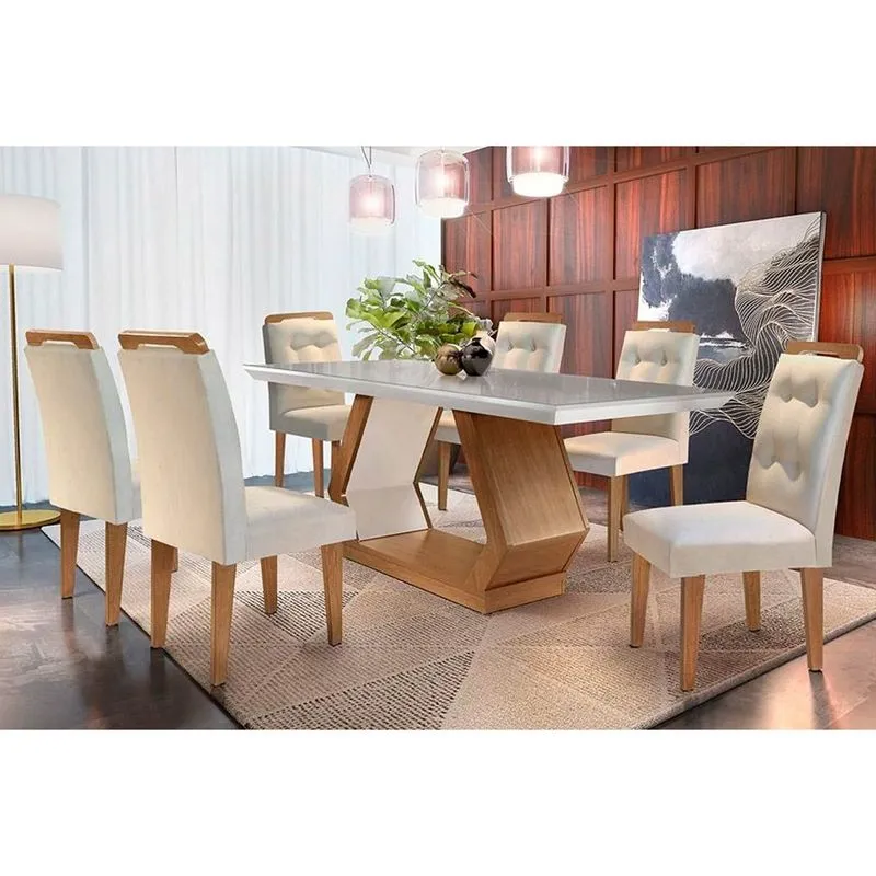Conjunto: Mesa de Cozinha Alvorada Tampo Madeirado c/ Vidro Canto Reto 180x90cm e 6 Cadeiras Imperatriz Imbuia/Off White - Suede Creme - Rufato