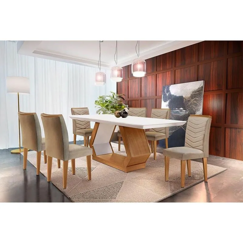 Conjunto: Mesa De Cozinha Alvorada C/ Tampo Madeirado Canto Reto 180x90cm E 6 Cadeiras Londrina Imbuia/off White - Suede Capuccino - Rufato