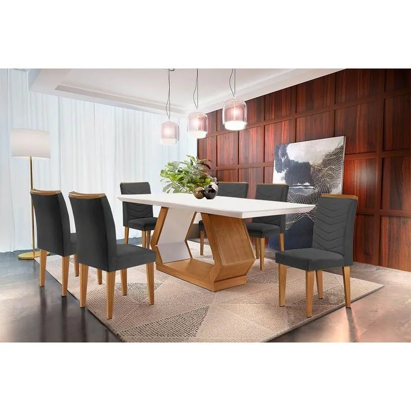 Conjunto: Mesa De Cozinha Alvorada C/ Tampo Madeirado Canto Reto 180x90cm E 6 Cadeiras Londrina Imbuia/off White - Linho Grafite - Rufato