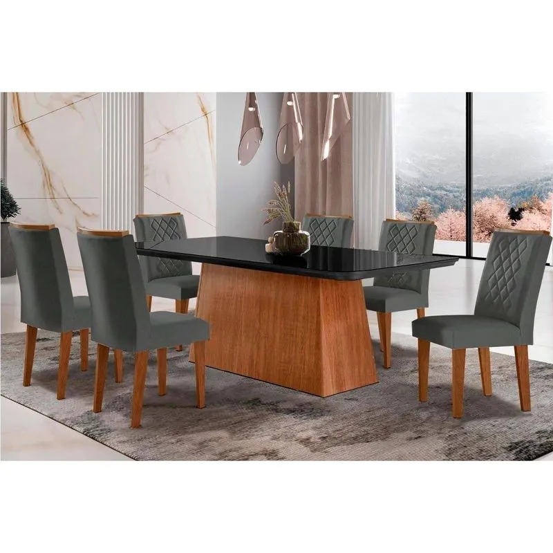 Conjunto: Mesa De Cozinha Luna C/ Tampo De Vidro Canto Curvo 180x90cm E 6 Cadeiras Jade Imbuia/grafite - Suede Grafite - Rufato