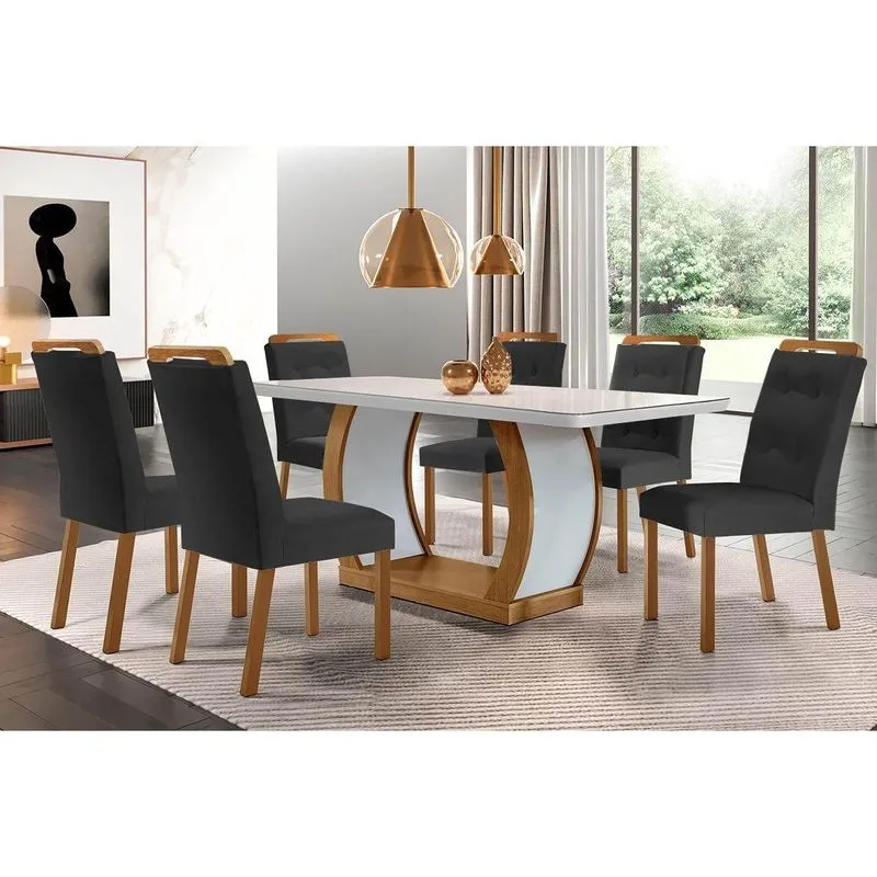 Conjunto: Mesa De Cozinha Jade Tampo Madeirado C/ Vidro Canto Curvo 180x90 E 6 Cadeiras Imperatriz Imbuia/off White - Suede Grafite - Rufato