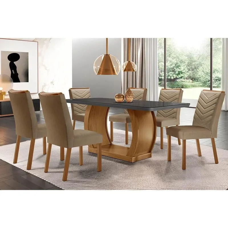 Conjunto: Mesa De Cozinha Jade Tampo Madeirado C/ Vidro Canto Curvo 180x90 E 6 Cadeiras Londrina Imbuia/grafite - Suede Capuccino - Rufato