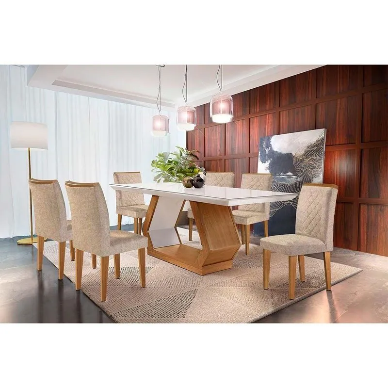 Conjunto: Mesa De Cozinha Alvorada Tampo Madeirado C/ Vidro Canto Reto 180x90cm E 6 Cadeiras Jade Imbuia/off White - Linho Turim - Rufato