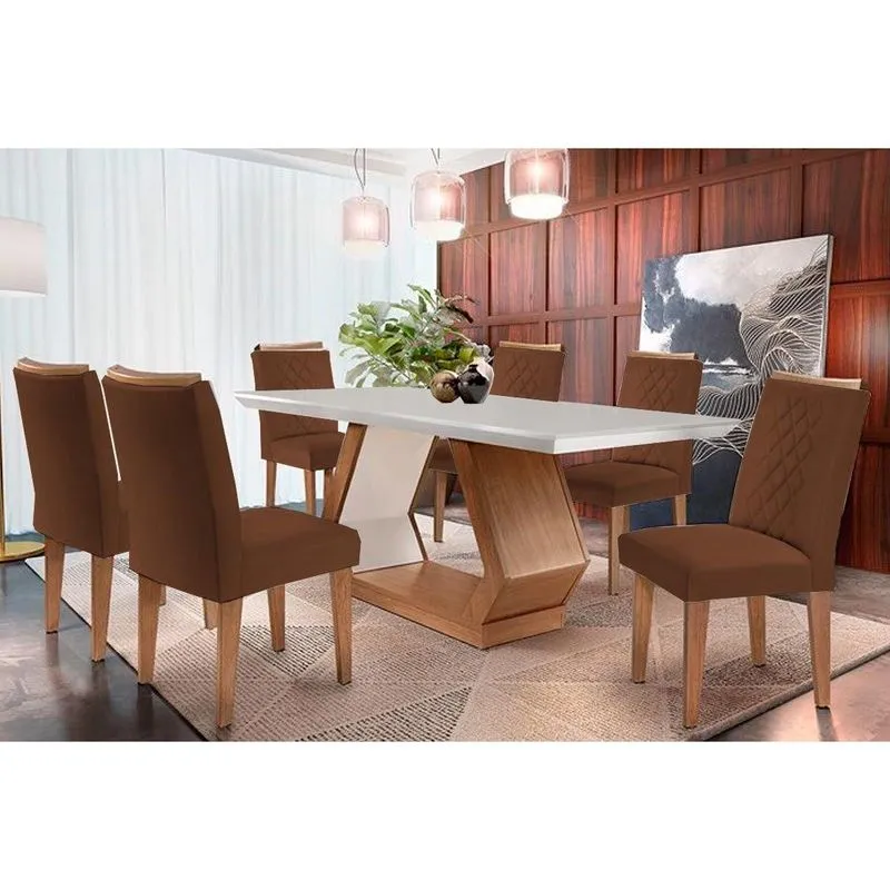 Conjunto: Mesa De Cozinha Alvorada C/ Tampo Madeirado Canto Reto 180x90cm E 6 Cadeiras Jade Imbuia/off White - Suede Marrom - Rufato