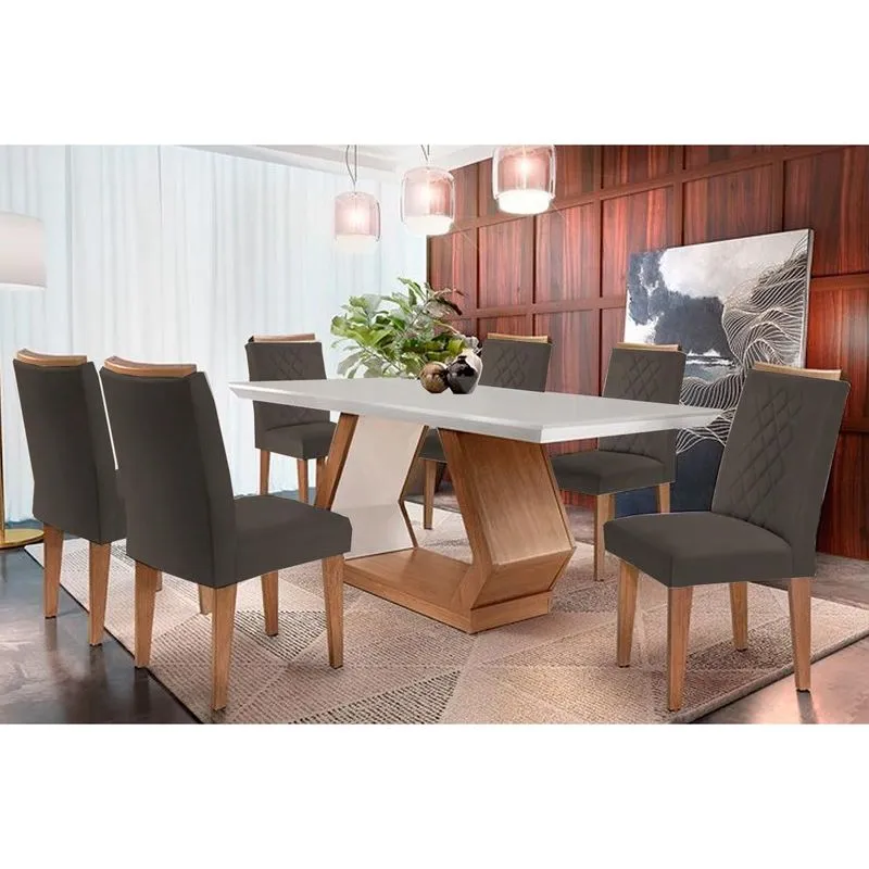 Conjunto: Mesa de Cozinha Alvorada c/ Tampo Madeirado Canto Reto 180x90cm e 6 Cadeiras Jade Imbuia/Off White - Suede Grafite - Rufato