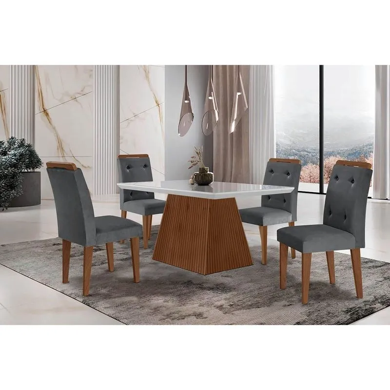 Conjunto: Mesa de Cozinha Luna c/ Tampo Madeirado c/ Vidro Canto Curvo 120x80cm e 4 cadeiras Imperatriz Imbuia/Off White - Suede Grafite - Rufato