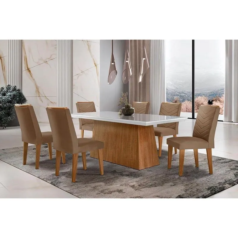 Conjunto: Mesa De Cozinha Luna C/ Tampo De Vidro Canto Curvo 180x90cm E 6 Cadeiras Londrina Imbuia/off White - Suede Capuccino - Rufato