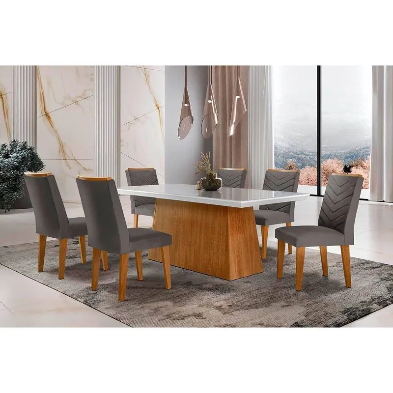 Conjunto: Mesa De Cozinha Luna C/ Tampo De Vidro Canto Curvo 180x90cm E 6 Cadeiras Londrina Imbuia/off White - Linho Grafite - Rufato