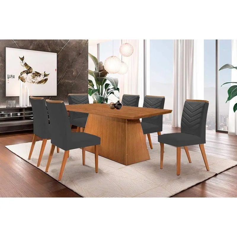 Conjunto: Mesa de Cozinha Luna c/ Tampo Madeirado Canto Curvo 180x90cm e 6 cadeiras Londrina Imbuia/Linho Grafite - Rufato