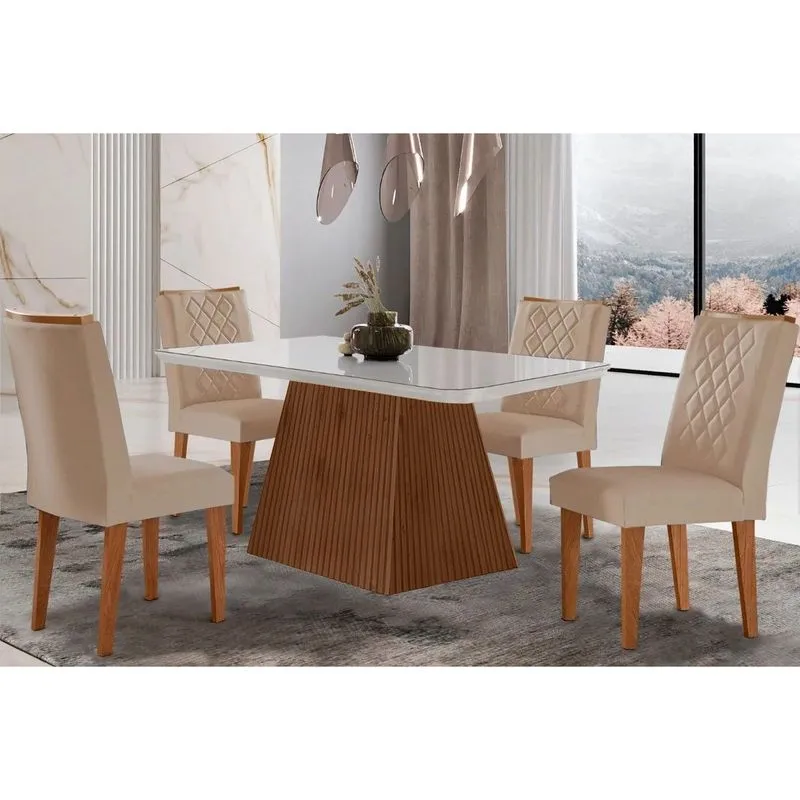 Conjunto: Mesa de Cozinha Luna c/ Tampo Madeirado c/ Vidro Canto Curvo 120x80cm e 4 cadeiras Jade Imbuia/Off White - Suede Creme - Rufato