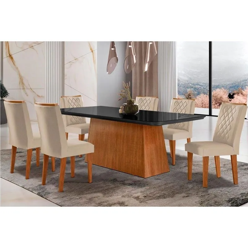 Conjunto: Mesa De Cozinha Luna C/ Tampo De Vidro Canto Curvo 180x90cm E 6 Cadeiras Jade Imbuia/grafite - Suede Creme - Rufato