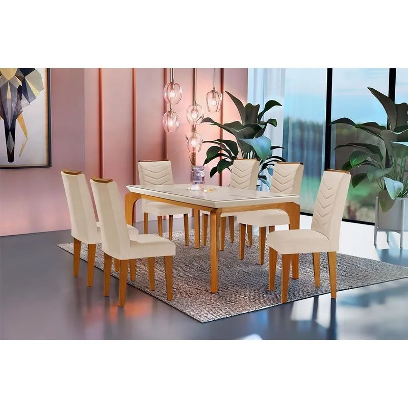 Conjunto: Mesa Sala Jantar Londrina Tampo Madeirado c/ Vidro Curvo 180x90cm e 6 Cadeiras Londrina Capuccino/Suede Creme - Rufato