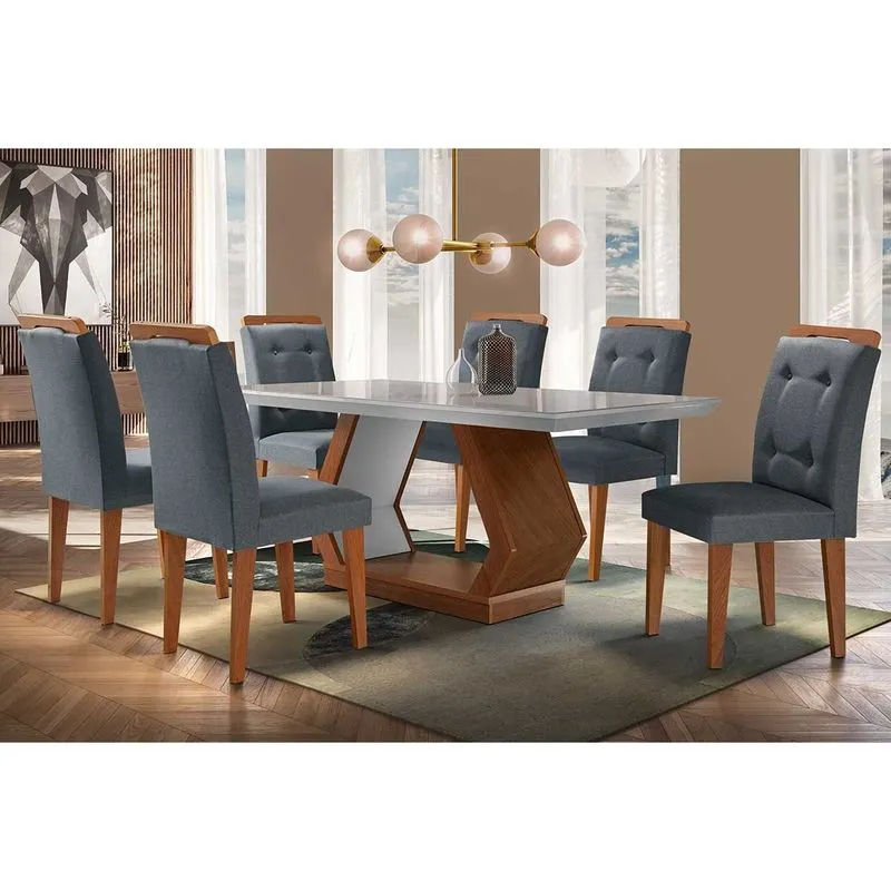 Conjunto: Mesa Sala Jantar Alvorada Tampo Madeirado c/ Vidro Canto Reto 180x90cm e 6 Cadeiras Imperatriz Imbuia/Off White - Suede Grafite - Rufato