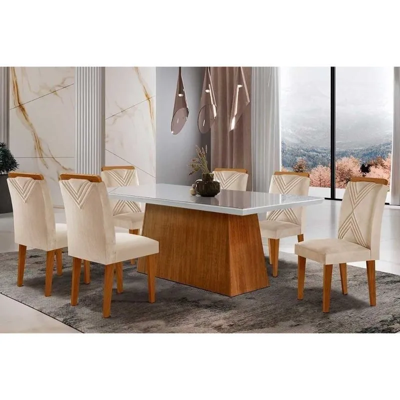 Conjunto Mesa Sala Jantar Luna Tampo Madeirado Com Vidro Reto 180x90 E 6 Cadeiras Amsterdã Imbuia Suede Creme Rufato