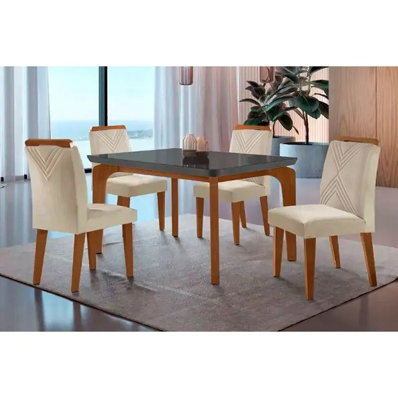 Conjunto: Mesa Sala Jantar Londrina c/ Tampo Madeirado c/ Vidro Canto Curvo 120x80cm e 4 cadeiras Amsterdã Imbuia/Grafite - Suede Creme - Rufato